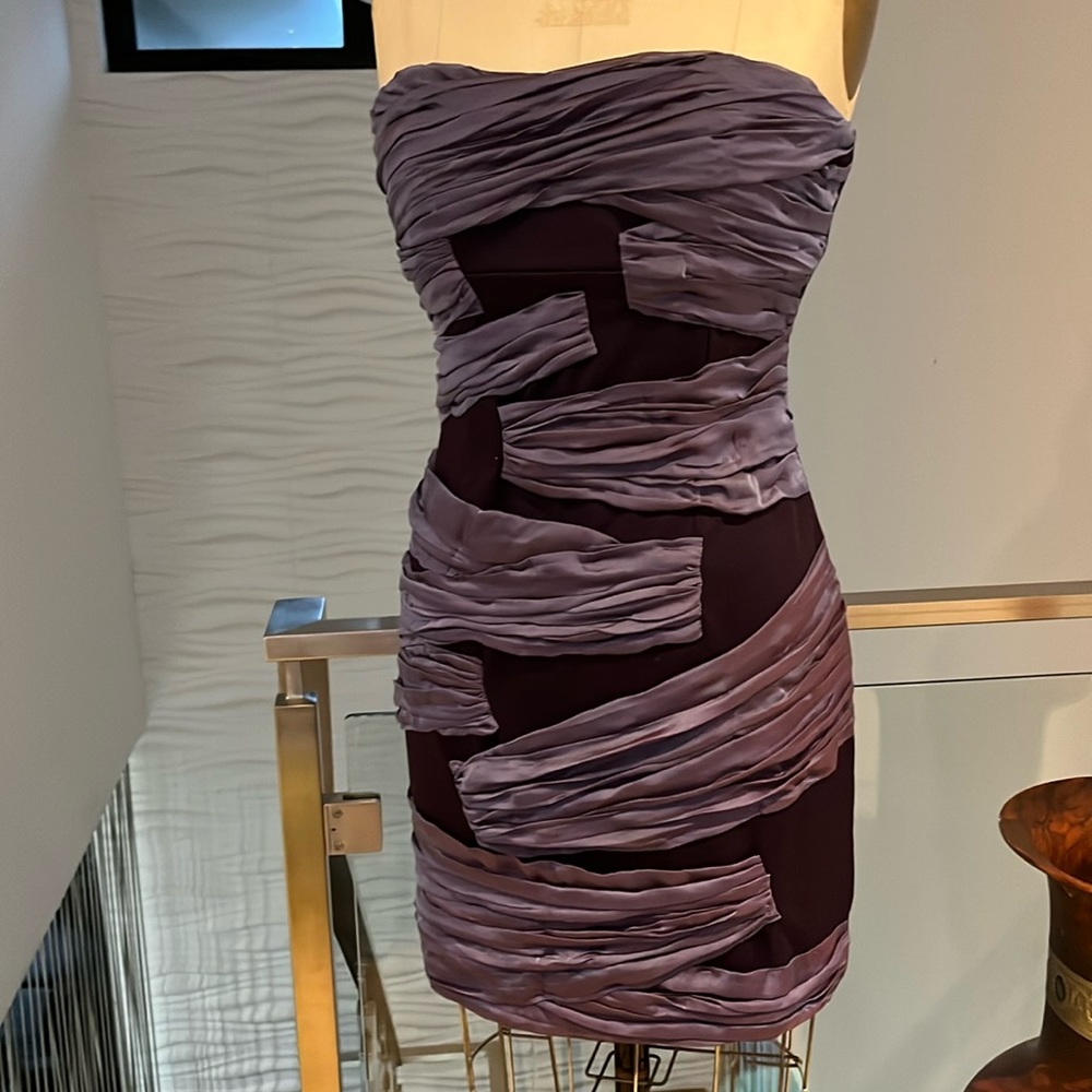purple strapless dress with organza trim